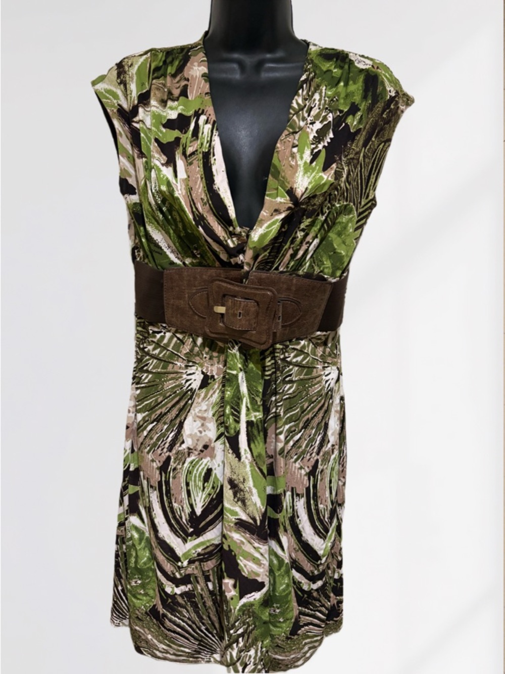 Green & Brown Abstract Print V-Neck Dress with Wide Belt❤️